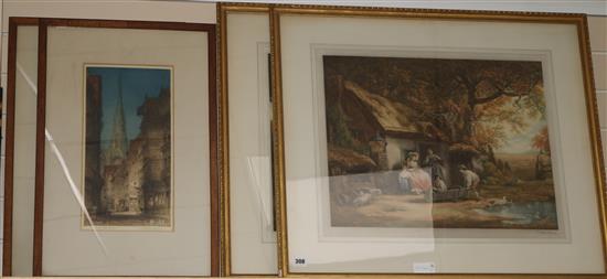 Clifford R. James after George Morland, pair coloured mezzotints, The Market Cart & The Happy Cottages and pair etchings by Alphege